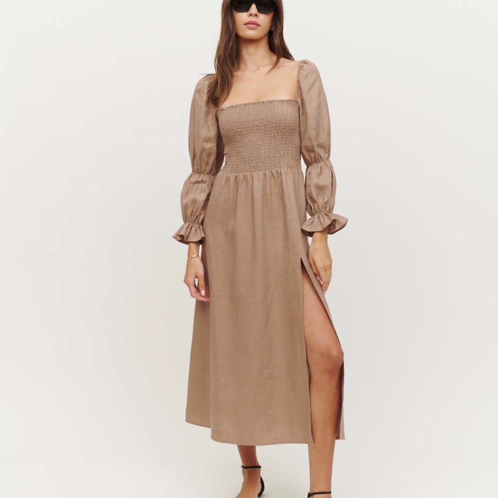 Reformation Beige Smocked Midi Dress with Puff Sleeves